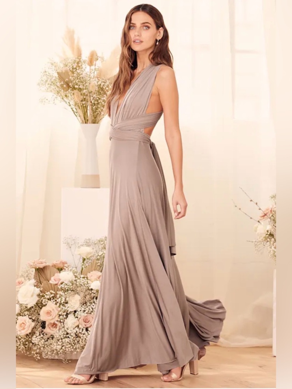Lulu's Tricks of the Trade Taupe Convertible Maxi Dress